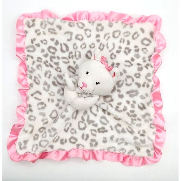 Okie Dokie Plush Snow Leopard Kitty Cat Pink Satin Security Blanket Lovey Rattle - Picture 3 of 5